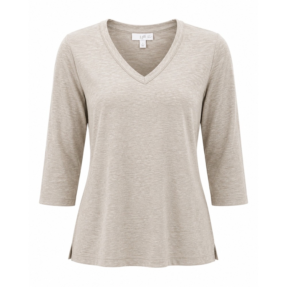 Pure Jill Luxe Tencel Tunic Women L beige V-Neck 3/4 Sleeve French Terry Slit